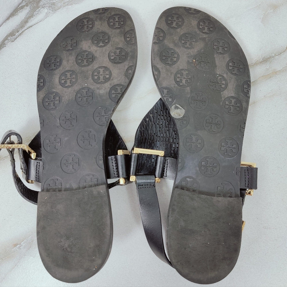 EUC Tory Burch Black Perforated Leather Logo Thong Sandals, Sz 7 - Picture 9 of 9